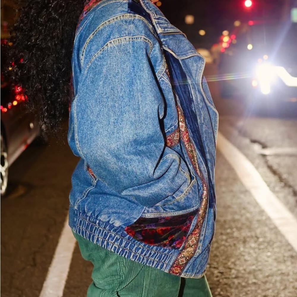 Denim Patchwork Jacket With Burgundy Accents - image 4